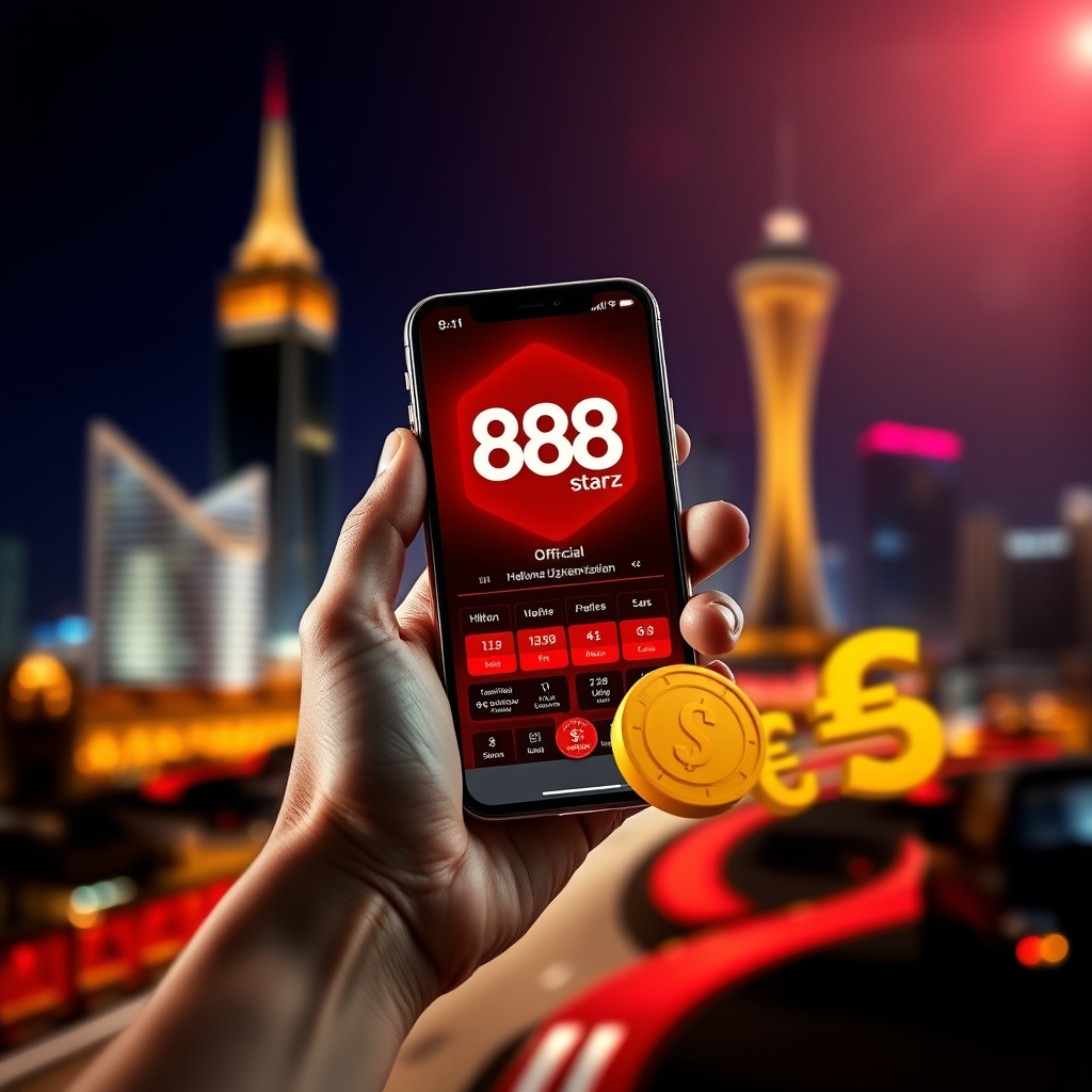 A hand holding a luxury smartphone displaying the official 888starz Uzbekistan app with a sleek red and black interface, background is the Tashkent City skyline with the Hilton and Nest One towers at night, vibrant golden and red bokeh lights, 3D golden c